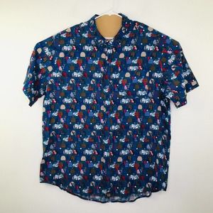 LuLaRoe 2XL Shirt Blue Abstract Ping Pong Print Short Sleeve Button Up AR12